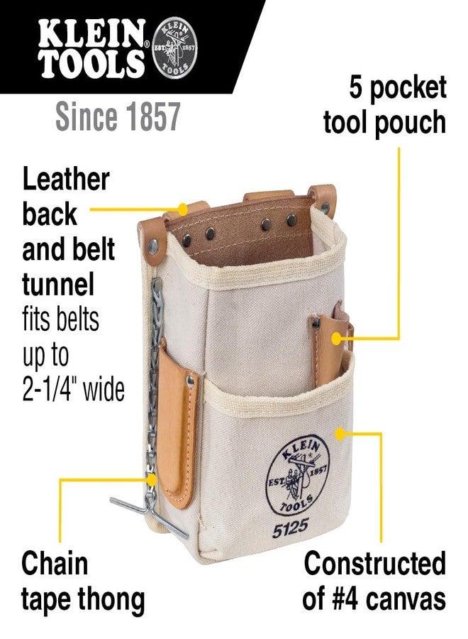 Klein Tools 5125 Canvas and Leather 5-Pocket Tool Pouch with Chain Tape Thong and Tunnel Belt Connection Beige - Image 2