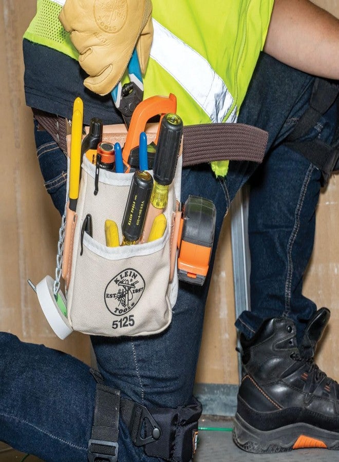 Klein Tools 5125 Canvas and Leather 5-Pocket Tool Pouch with Chain Tape Thong and Tunnel Belt Connection Beige - Image 5