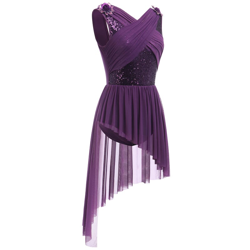 AFAVOM Women's Lyrical Dance Costume Sleeveless V-Neck Sequin Flower Lyrical Dance Dress Asymmetric Flowy Mesh Tulle Skirt Contemporary Dance Costumes Ballet Leotard Dancewear Purple M - Image 3