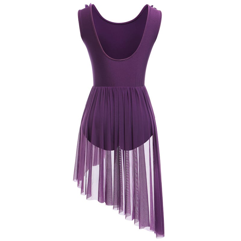 AFAVOM Women's Lyrical Dance Costume Sleeveless V-Neck Sequin Flower Lyrical Dance Dress Asymmetric Flowy Mesh Tulle Skirt Contemporary Dance Costumes Ballet Leotard Dancewear Purple M - Image 4