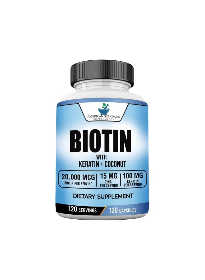 American Standard Supplements Biotin 20,000mcg with Keratin, Coconut Powder and Zinc, Hair Growth Supplements, Biotin Supplements, Healthy Hair Skin & Nails for Adults,120 Veggie Capsules, 120 Day Supply - Image 1