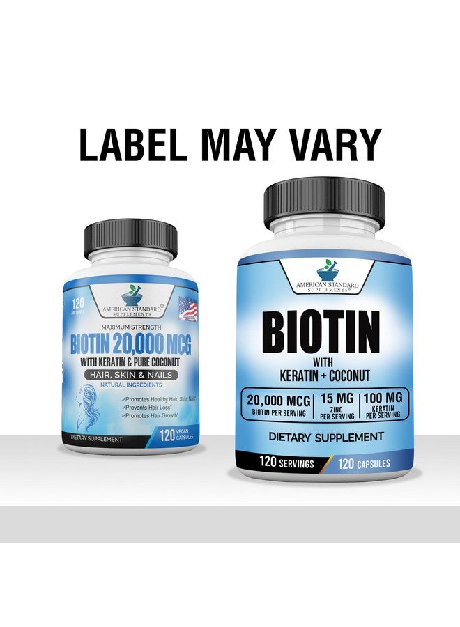 American Standard Supplements Biotin 20,000mcg with Keratin, Coconut Powder and Zinc, Hair Growth Supplements, Biotin Supplements, Healthy Hair Skin & Nails for Adults,120 Veggie Capsules, 120 Day Supply - Image 2