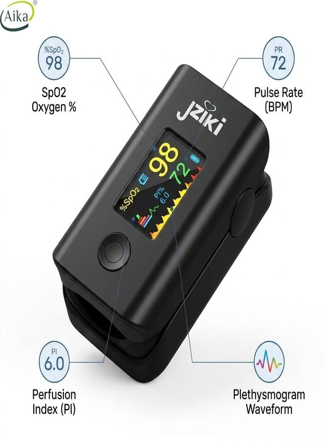 AIKA Finger Tip Pulse Oximeter | High Accuracy | SPO2|Perfusion Index | OLED Display | CE Certified | Heart Rate - Black (Jziki) - Image 2
