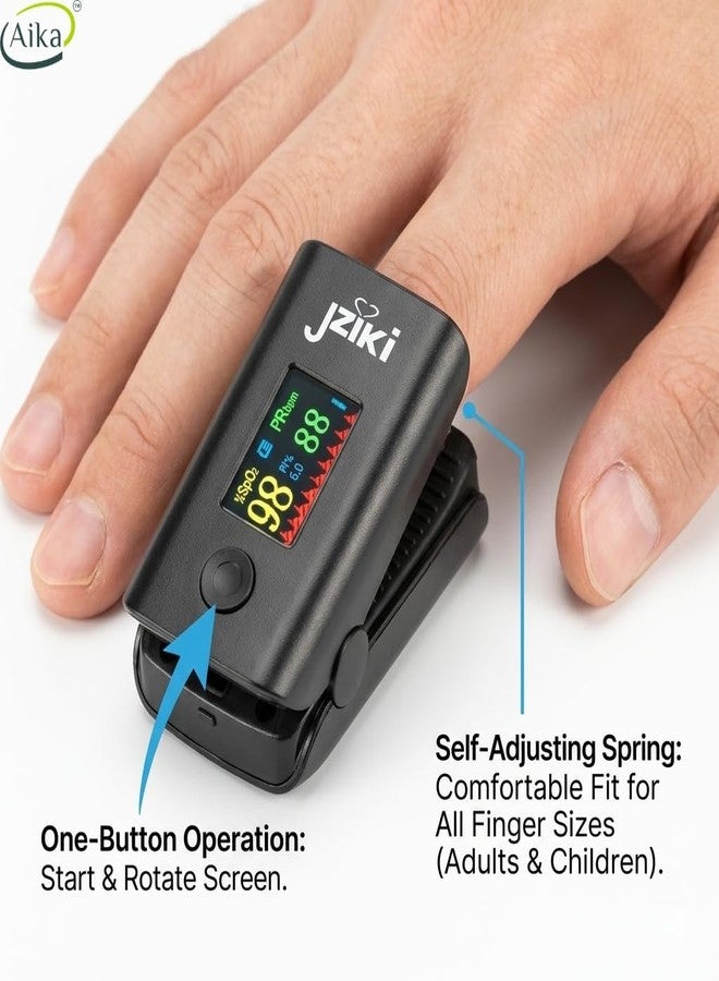 AIKA Finger Tip Pulse Oximeter | High Accuracy | SPO2|Perfusion Index | OLED Display | CE Certified | Heart Rate - Black (Jziki) - Image 3
