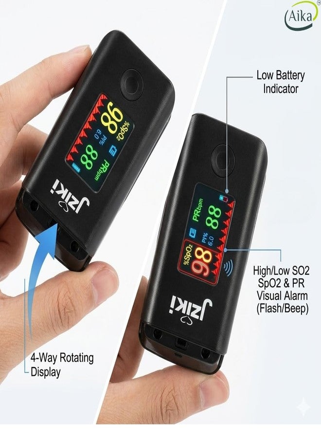 AIKA Finger Tip Pulse Oximeter | High Accuracy | SPO2|Perfusion Index | OLED Display | CE Certified | Heart Rate - Black (Jziki) - Image 4