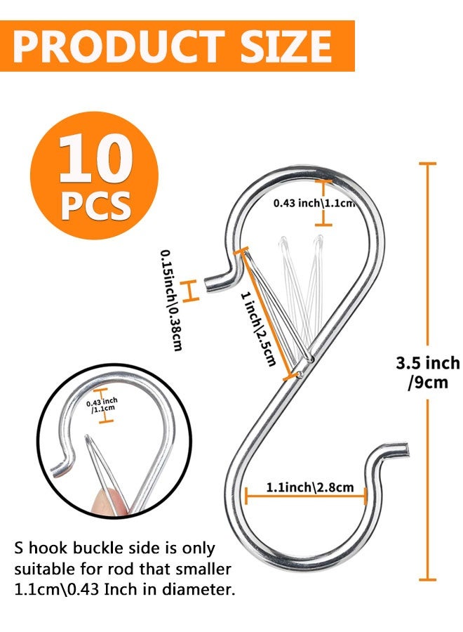 HOOTO 10 S-Hooks for hanging safety buckles, 3.5 inches Heavy Duty Metal S-Hooks Stainless Steel for hanging kitchen utensils, cups, flower pots, plants, bags, hats (Silver) - Image 2