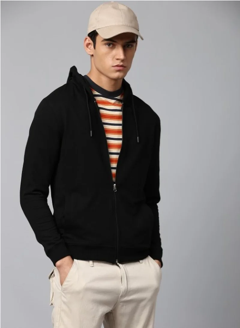 Regular Fit Black Sweatshirt for Men - Polycotton, Solid, Hooded, Full Sleeves, Knitted Fabric