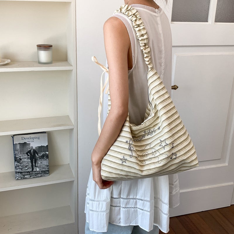 Large Capacity Striped Canvas Shoulder Tote Bag - Image 4