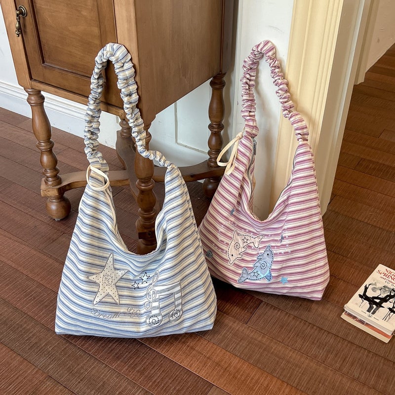 Large Capacity Striped Canvas Shoulder Tote Bag - Image 1