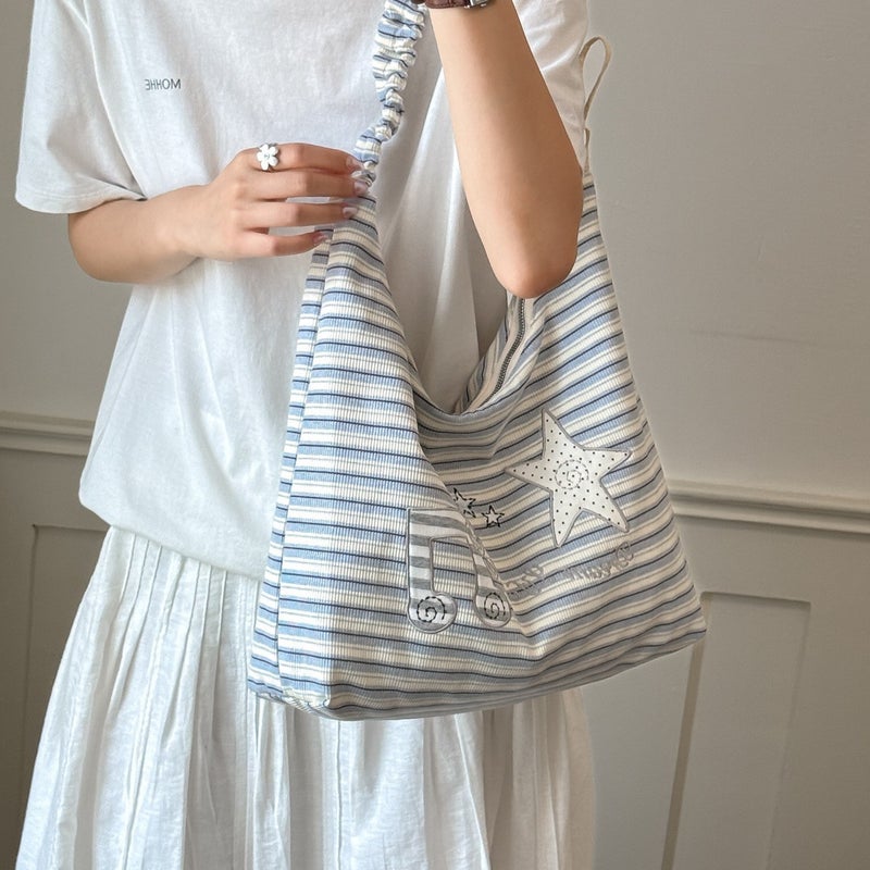 Large Capacity Striped Canvas Shoulder Tote Bag - Image 2