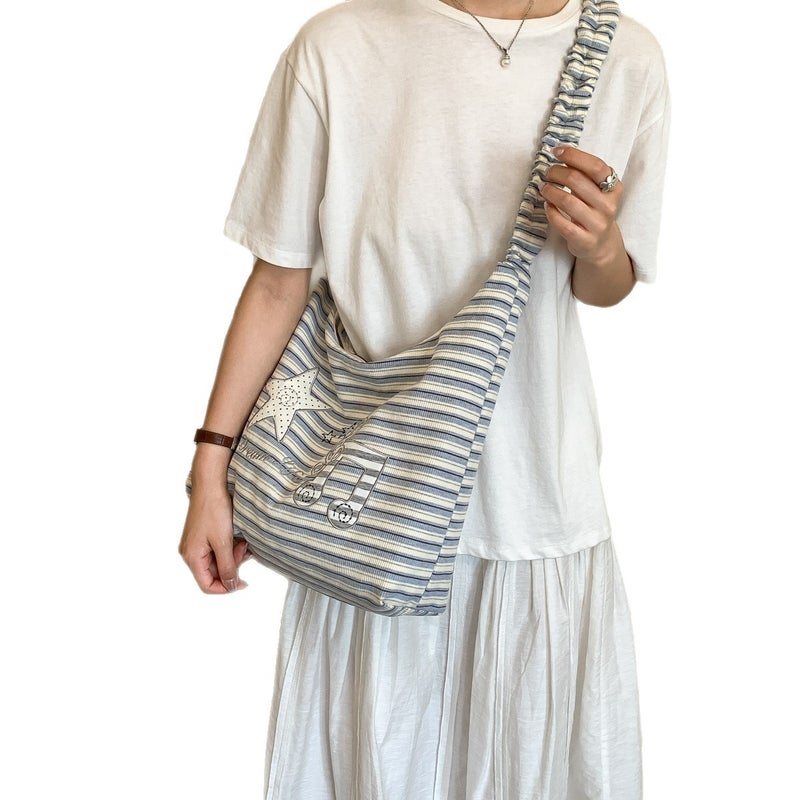 Large Capacity Striped Canvas Shoulder Tote Bag - Image 5