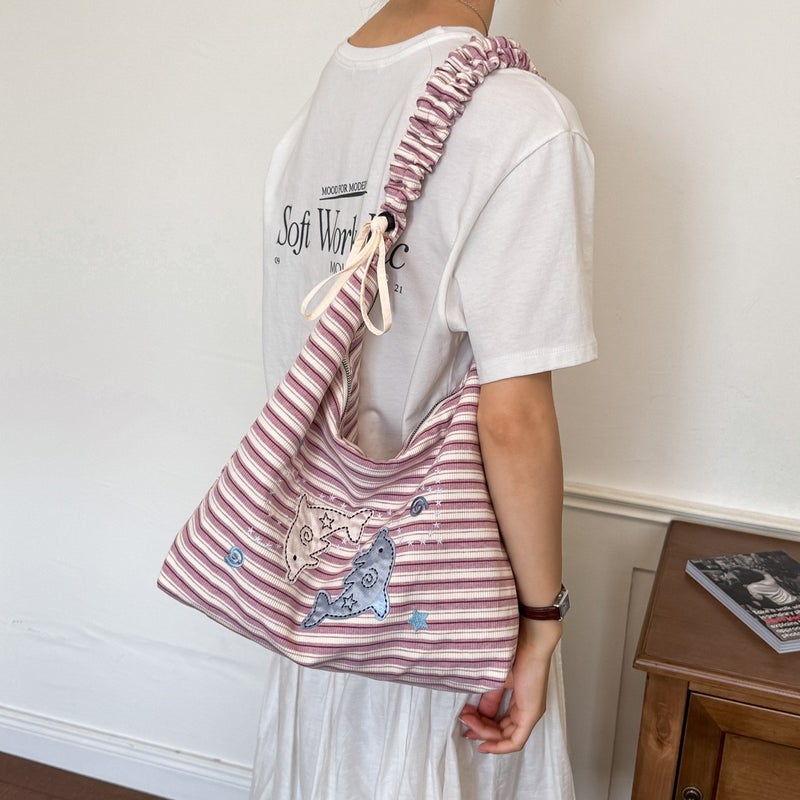 Large Capacity Striped Canvas Shoulder Tote Bag - Image 3