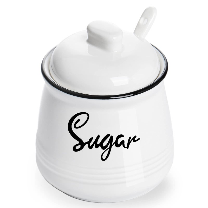 HAOTOP Farmhouse Porcelain Sugar Bowl with Lid and Spoon 12ozEasy to Clean White