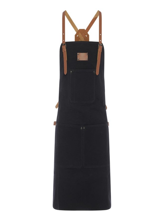 Theodore Waxed Canvas Work Apron, Cross-Back, 14oz Heavy Duty Canvas, Multi-Pocket Utility - Black with Brown Leather Straps - Image 1
