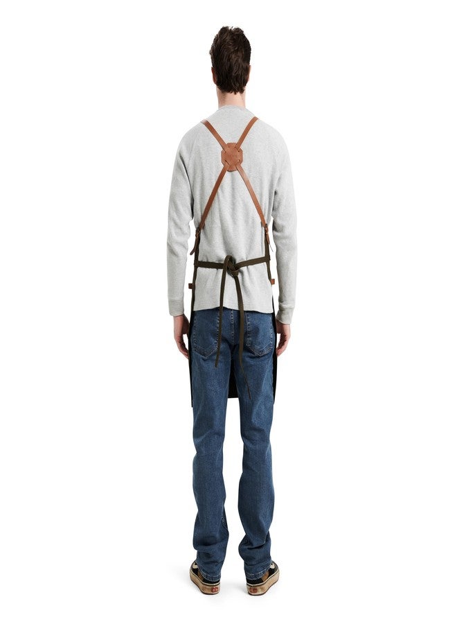 Theodore Waxed Canvas Work Apron, Cross-Back, 14oz Heavy Duty Canvas, Multi-Pocket Utility - Black with Brown Leather Straps - Image 3