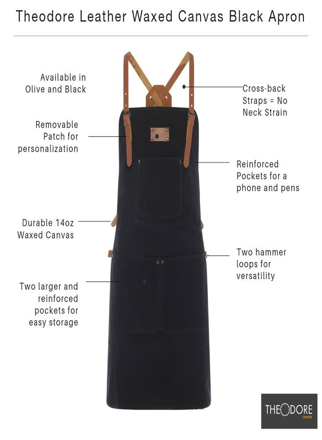 Theodore Waxed Canvas Work Apron, Cross-Back, 14oz Heavy Duty Canvas, Multi-Pocket Utility - Black with Brown Leather Straps - Image 4