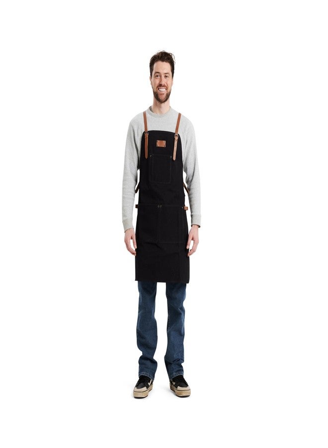 Theodore Waxed Canvas Work Apron, Cross-Back, 14oz Heavy Duty Canvas, Multi-Pocket Utility - Black with Brown Leather Straps - Image 2