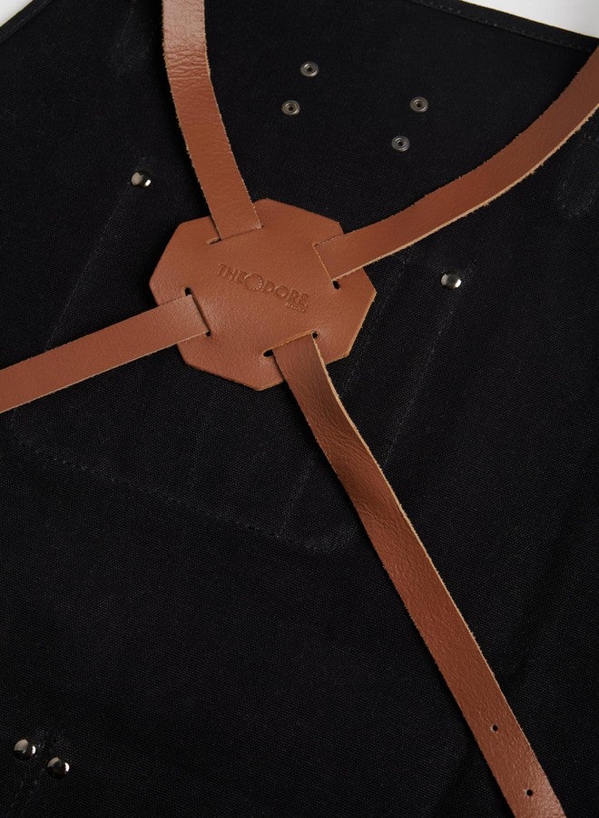 Theodore Waxed Canvas Work Apron, Cross-Back, 14oz Heavy Duty Canvas, Multi-Pocket Utility - Black with Brown Leather Straps - Image 5