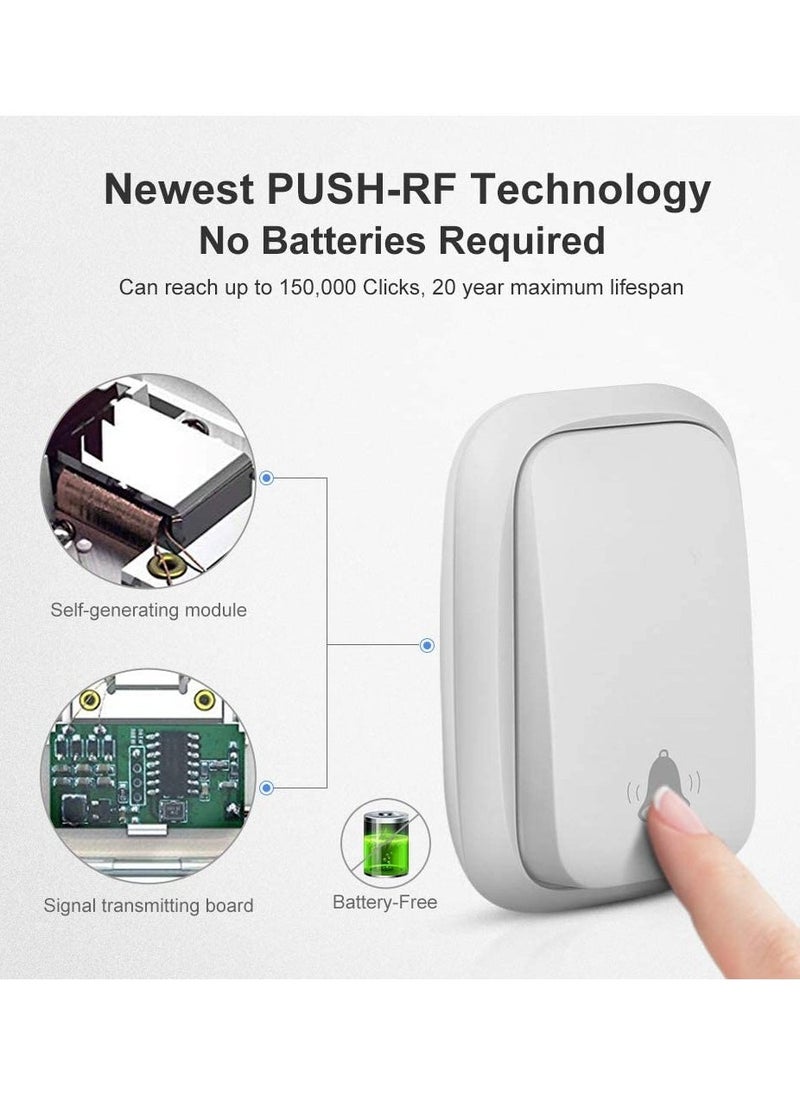 Self-Powered Doorbell, Wireless Doorbell No Battery Required Cordless Door Chime Kit Push on Waterproof at 500-feet Range with 38 Chimes, 4-Level Volume u0026 LED Flash - UK Plug White - Image 2