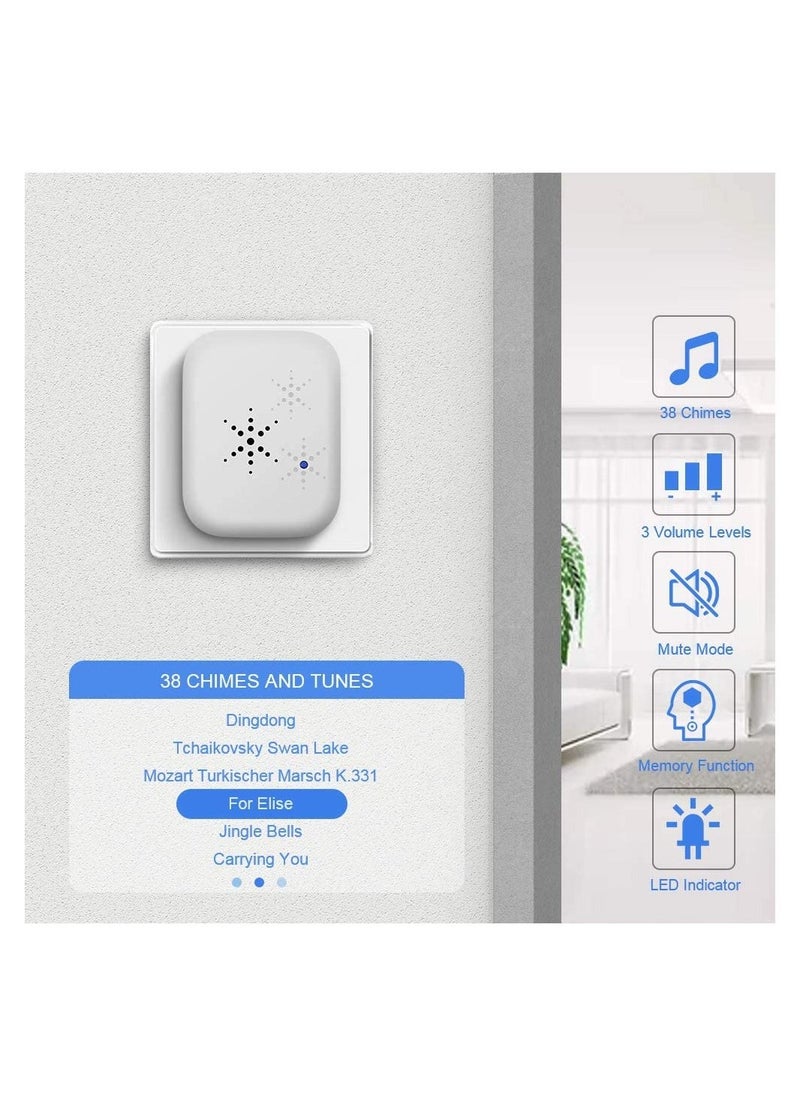 Self-Powered Doorbell, Wireless Doorbell No Battery Required Cordless Door Chime Kit Push on Waterproof at 500-feet Range with 38 Chimes, 4-Level Volume u0026 LED Flash - UK Plug White - Image 3