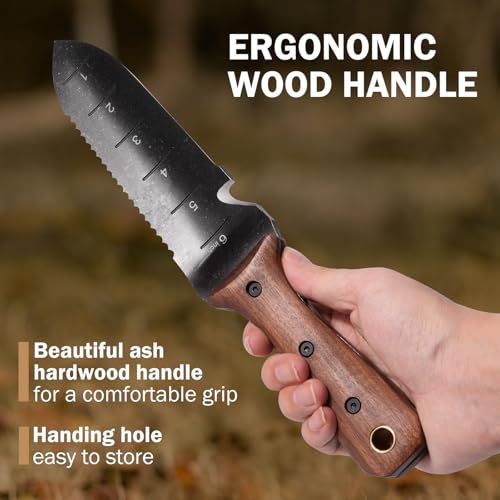 ROYTOA Hori Hori Garden Knife, Garden Tools with Sheath for Weeding,Planting,Digging, 7" Stainless Steel Blade with Cutting Edge, Full-Tang Walnut Wood Handle with Hanging Hole - Image 3