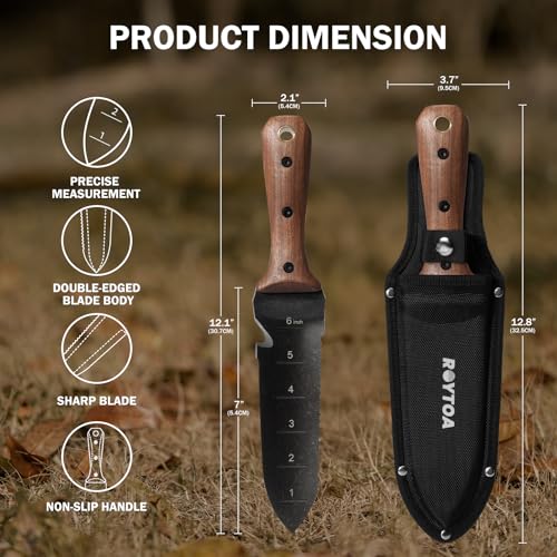 ROYTOA Hori Hori Garden Knife, Garden Tools with Sheath for Weeding,Planting,Digging, 7" Stainless Steel Blade with Cutting Edge, Full-Tang Walnut Wood Handle with Hanging Hole - Image 4