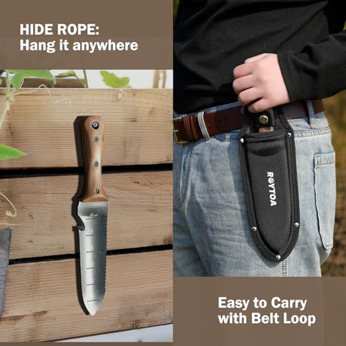 ROYTOA Hori Hori Garden Knife, Garden Tools with Sheath for Weeding,Planting,Digging, 7" Stainless Steel Blade with Cutting Edge, Full-Tang Walnut Wood Handle with Hanging Hole - Image 5