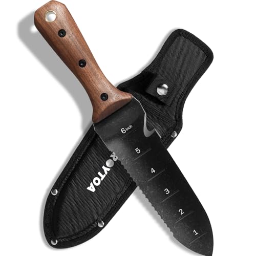 ROYTOA Hori Hori Garden Knife, Garden Tools with Sheath for Weeding,Planting,Digging, 7" Stainless Steel Blade with Cutting Edge, Full-Tang Walnut Wood Handle with Hanging Hole - Image 1