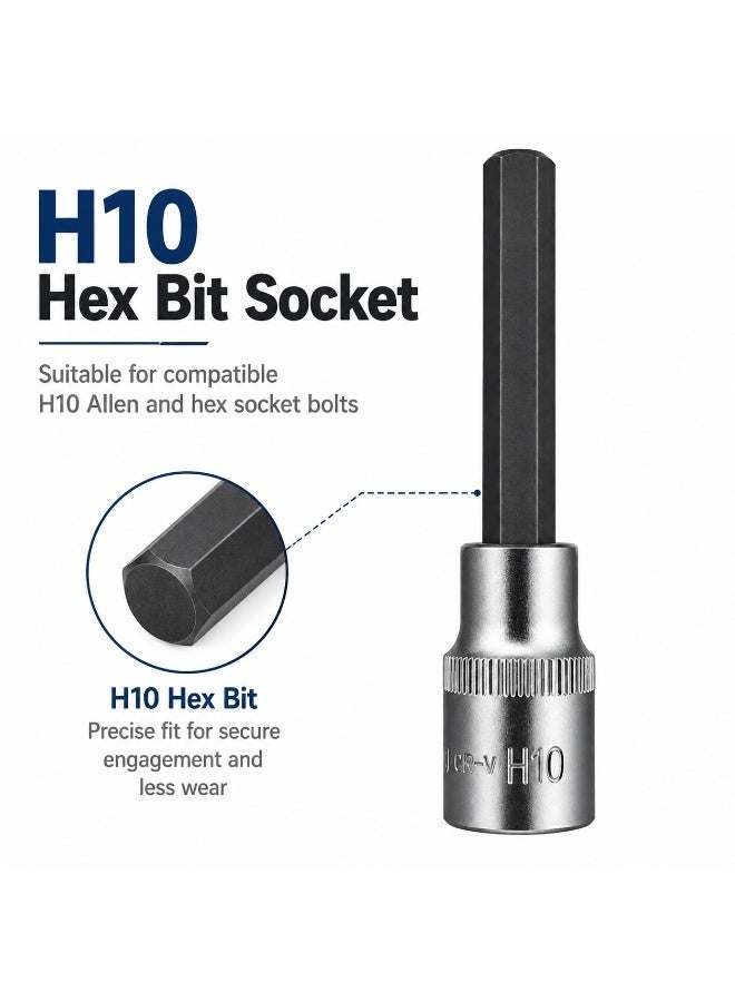 H10 Hex Bit Socket 1/2 Inch Drive, 4.4 Inch Long Chrome Vanadium Steel Allen Socket Tool for Ratchet, Car Repair, Workshop & DIY Maintenance - Image 2
