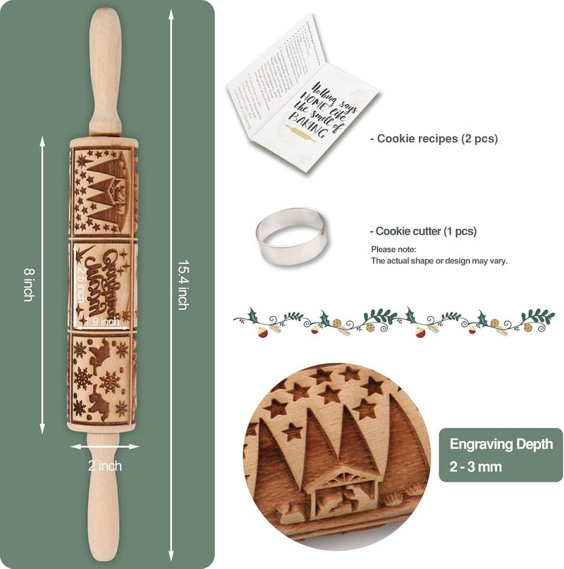 Big Role Christmas Embossed Rolling Pin for Baking Cookies Embossing Rolling Pins with Design Wooden Engraved Springerle Roller Pin Dough Patterned Clay Pottery Ceramic Bakers Women (Nativity Patterns) - Image 3