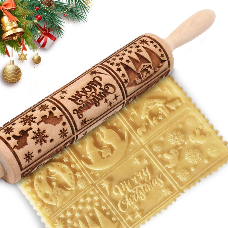 Big Role Christmas Embossed Rolling Pin for Baking Cookies Embossing Rolling Pins with Design Wooden Engraved Springerle Roller Pin Dough Patterned Clay Pottery Ceramic Bakers Women (Nativity Patterns) - Image 1