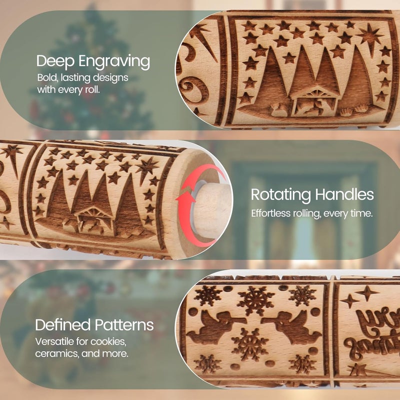 Big Role Christmas Embossed Rolling Pin for Baking Cookies Embossing Rolling Pins with Design Wooden Engraved Springerle Roller Pin Dough Patterned Clay Pottery Ceramic Bakers Women (Nativity Patterns) - Image 4