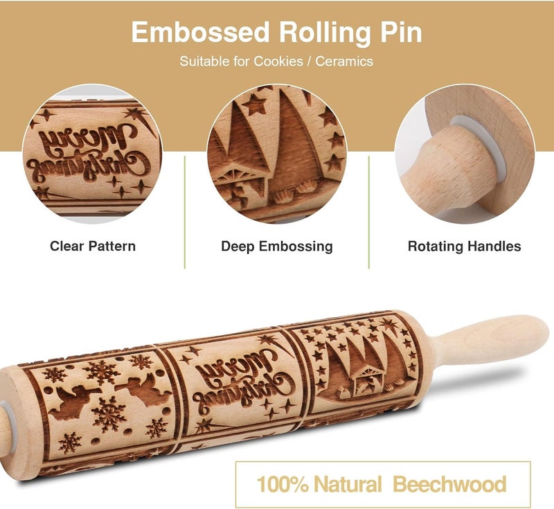 Big Role Christmas Embossed Rolling Pin for Baking Cookies Embossing Rolling Pins with Design Wooden Engraved Springerle Roller Pin Dough Patterned Clay Pottery Ceramic Bakers Women (Nativity Patterns) - Image 2