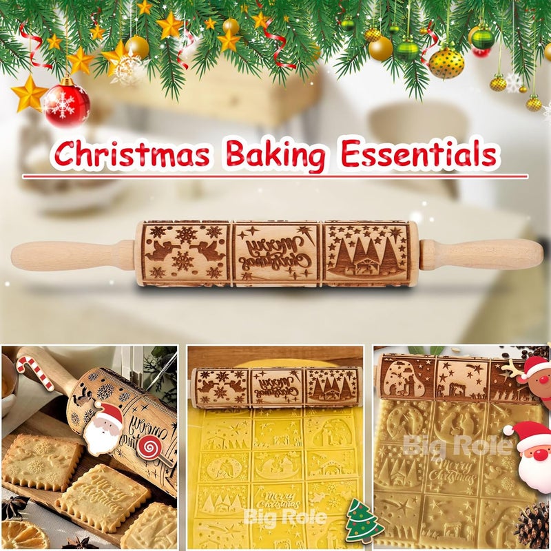 Big Role Christmas Embossed Rolling Pin for Baking Cookies Embossing Rolling Pins with Design Wooden Engraved Springerle Roller Pin Dough Patterned Clay Pottery Ceramic Bakers Women (Nativity Patterns) - Image 5
