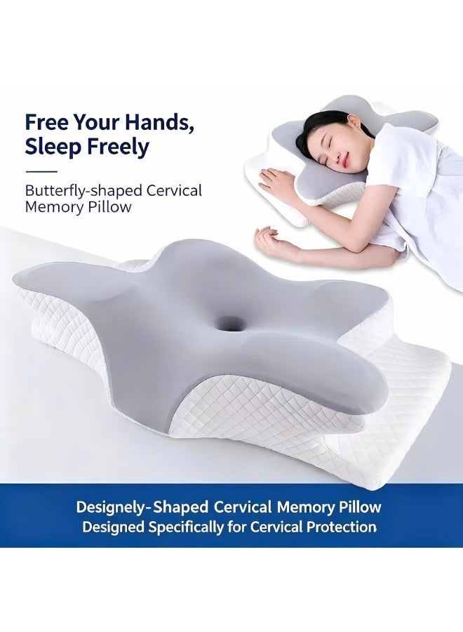 Butterfly-Shaped Neck Support Pillow Zero-Pressure Memory Foam Multi-Zone Design Suitable for Back, Side, and Stomach Sleeping Positions Dual Height Options for Restful Sleep, Washable Cover - Image 2