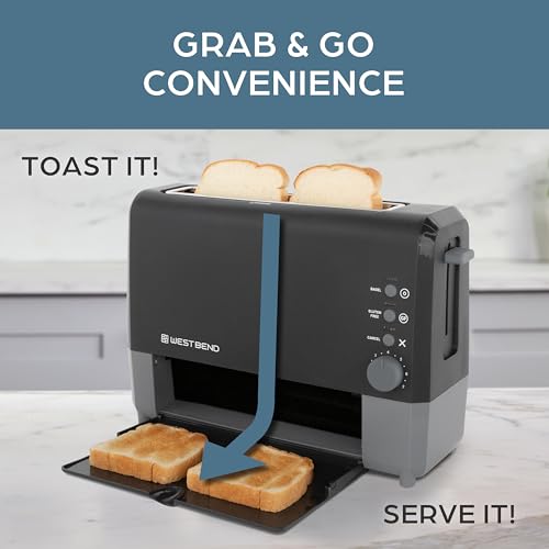 West Bend QuikServe Toaster, 2-Slice Wide-Slot Slide-Through Bread Toaster with Bagel and Gluten-Free Settings and Cool-Touch Exterior Fast Toasting, Includes Removable Serving Tray, 1400-Watts, Black - Image 4