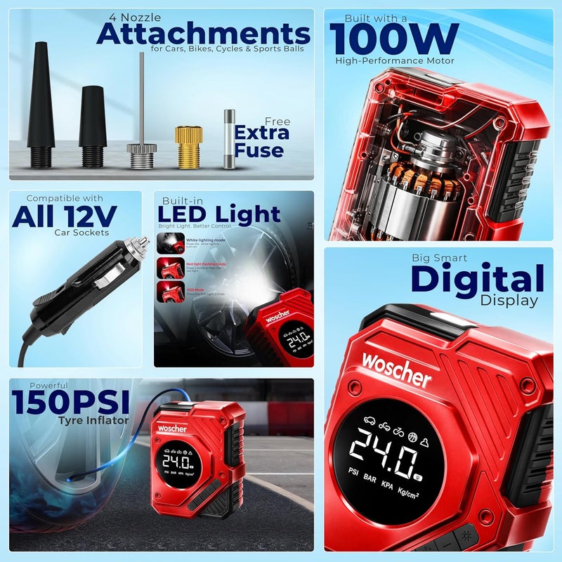 WOSCHER منفاخ الإطارات المحمول السريع من Woscher (12 فولت) مع ضوء LED - Image 2