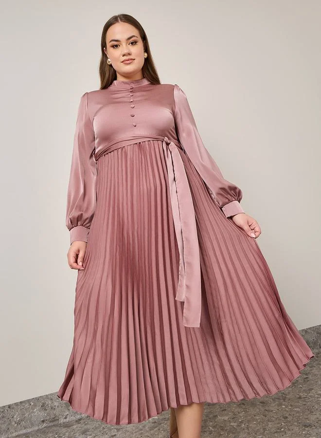 Styli Pleated Belted A-Line Midi Dress With Button Detail