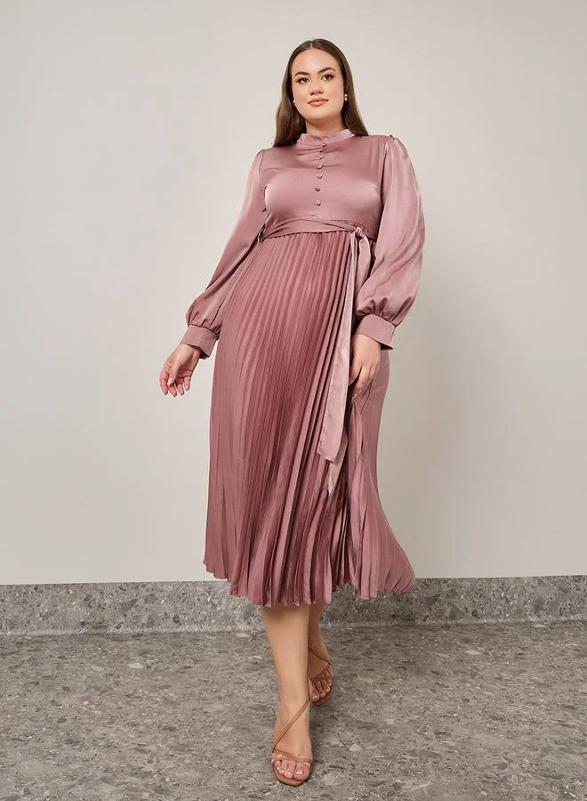 Styli Pleated Belted A-Line Midi Dress With Button Detail
