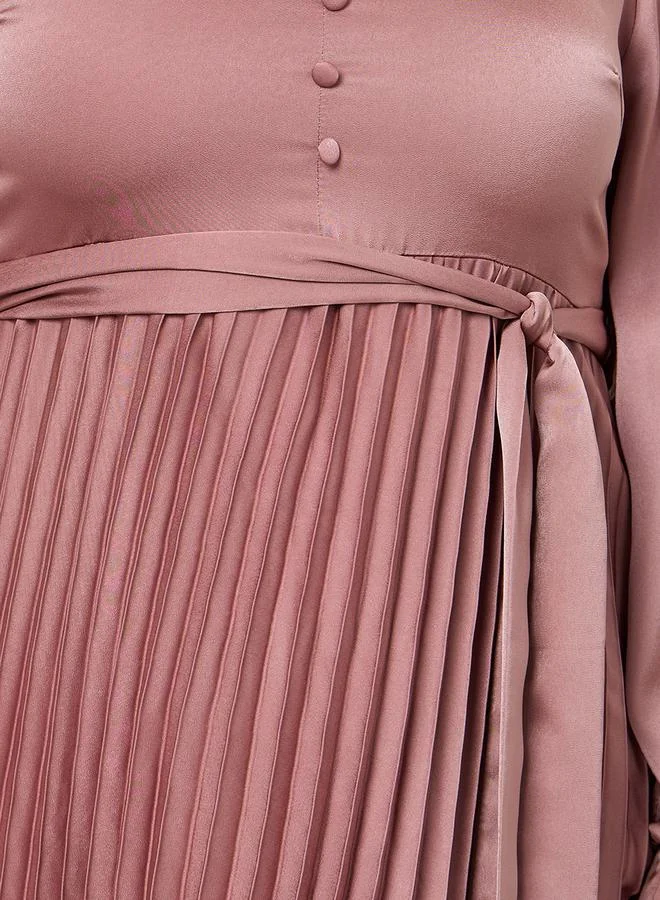 Styli Pleated Belted A-Line Midi Dress With Button Detail