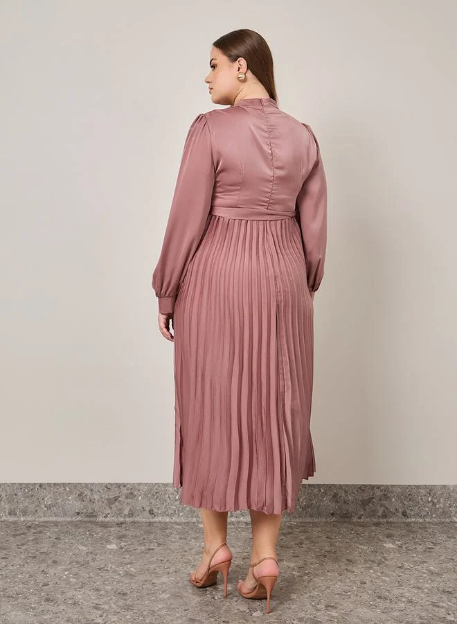 Styli Pleated Belted A-Line Midi Dress With Button Detail