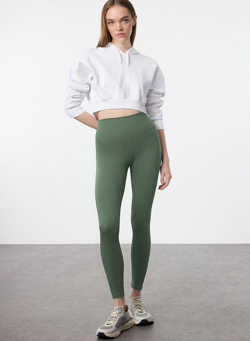 trendyol Khaki Soft Brushed Fabric Reflective Print Detailed Full Length Knitted Sports Leggings - Image 1