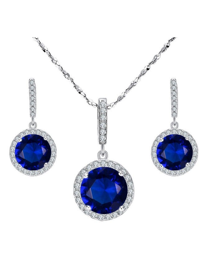 EVER FAITH 925 Sterling Silver Cz Gorgeous Round Cut Pendant Necklace Earrings Set Sapphire Color - Image 1