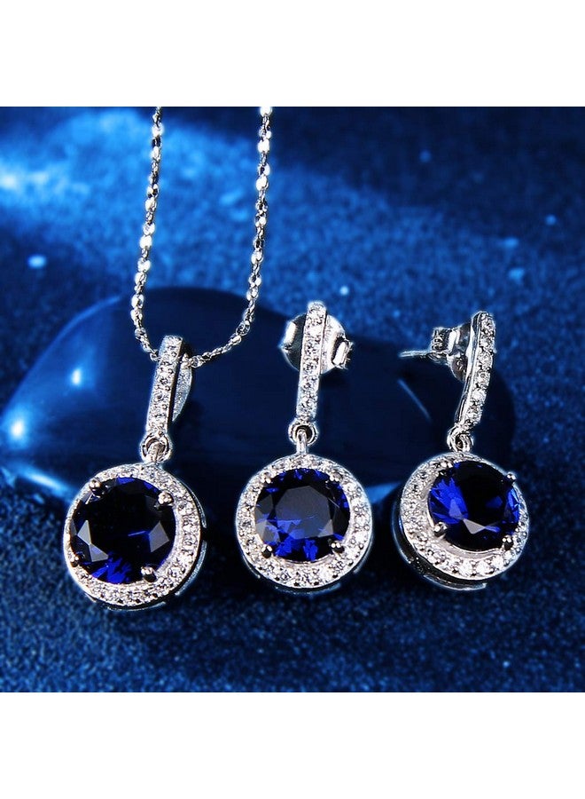 EVER FAITH 925 Sterling Silver Cz Gorgeous Round Cut Pendant Necklace Earrings Set Sapphire Color - Image 4