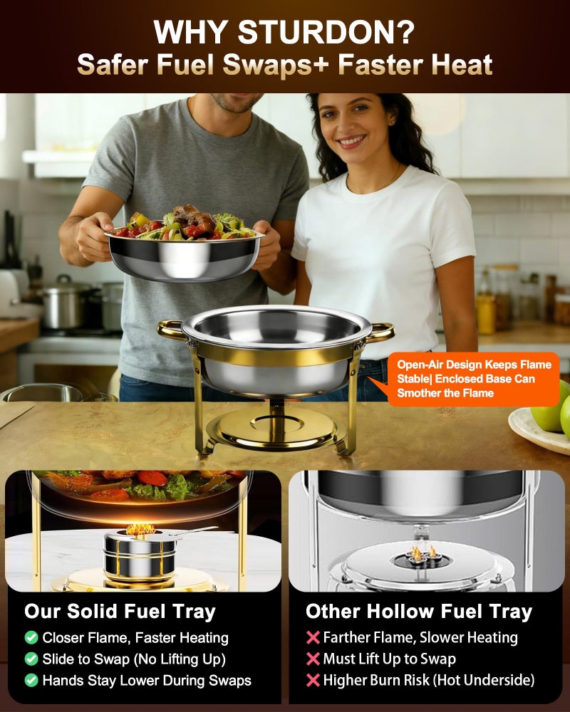Sturdon أطباق شافينغ لبوفيه 4 عبوات، 6QT طبق شافينغ دائري من الفولاذ المقاوم للصدأ الذهبي، مجموعة دفء الطعام للبوفيه مع إطار متين وتجميع سهل، للحفلات، الزفاف، تجمعات عيد الميلاد، خدمات الطعام - Image 5