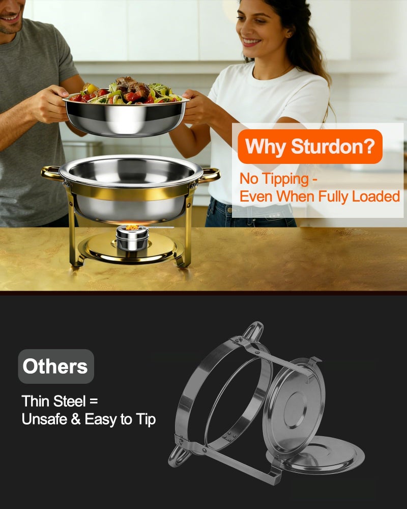 Sturdon أطباق شافينغ لبوفيه 4 عبوات، 6QT طبق شافينغ دائري من الفولاذ المقاوم للصدأ الذهبي، مجموعة دفء الطعام للبوفيه مع إطار متين وتجميع سهل، للحفلات، الزفاف، تجمعات عيد الميلاد، خدمات الطعام - Image 3