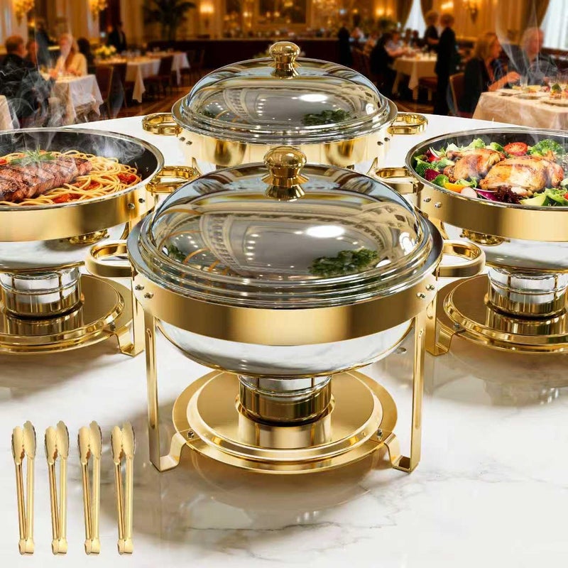 Sturdon أطباق شافينغ لبوفيه 4 عبوات، 6QT طبق شافينغ دائري من الفولاذ المقاوم للصدأ الذهبي، مجموعة دفء الطعام للبوفيه مع إطار متين وتجميع سهل، للحفلات، الزفاف، تجمعات عيد الميلاد، خدمات الطعام - Image 1