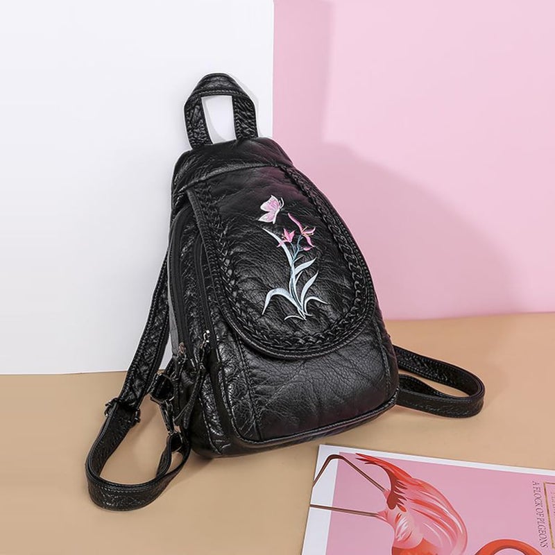 NIGEDU Vintage Embroidered Women Backpacks Soft PU Leather Backpack Purse Small Female Travel Bag Black Chest Packs (Orchid) - Image 3