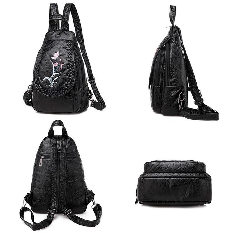 NIGEDU Vintage Embroidered Women Backpacks Soft PU Leather Backpack Purse Small Female Travel Bag Black Chest Packs (Orchid) - Image 4