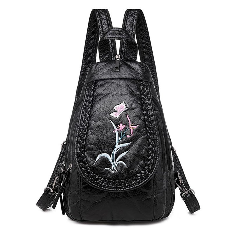 NIGEDU Vintage Embroidered Women Backpacks Soft PU Leather Backpack Purse Small Female Travel Bag Black Chest Packs (Orchid) - Image 1